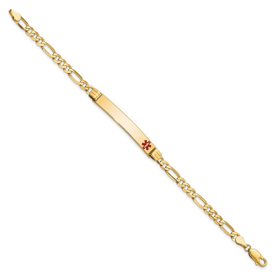 14K Medical Solid Chain/Solid Plate 37x6mm Off-Center Red Enamel Figaro Link7 inch ID Bracelet