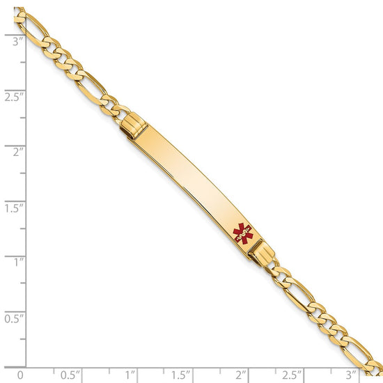 14K Medical Solid Chain/Solid Plate 37x6mm Off-Center Red Enamel Figaro Link7 inch ID Bracelet