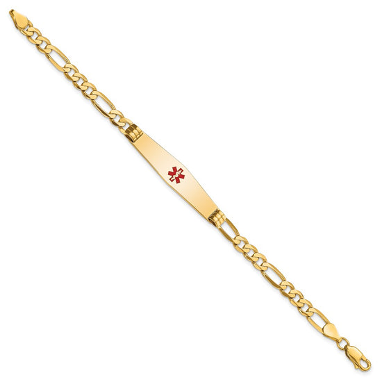 14K Medical Solid Chain/Solid Plate Soft Diamond Shape 36x9mm Centered Red Enamel Flat Figaro Link 7 inch ID Bracelet