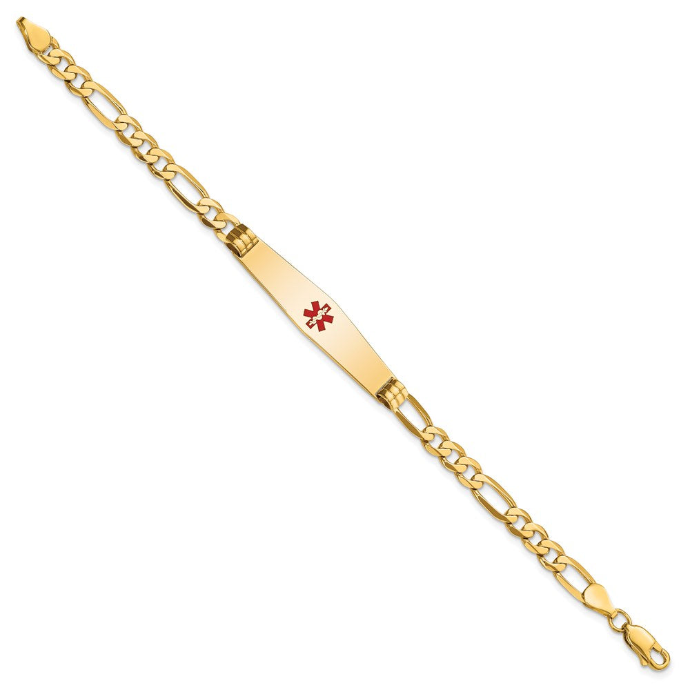 14K Medical Solid Chain/Solid Plate Soft Diamond Shape 36x9mm Centered Red Enamel Flat Figaro Link 7 inch ID Bracelet