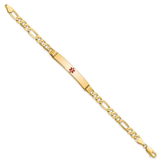 14K Medical Solid Chain/Solid Plate 37x6mm Centered Red Enamel Flat Figaro Link 7 inch ID Bracelet
