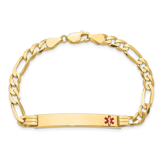 14K Medical Solid Chain/Solid Plate 37x6mm Off-Center Red Enamel Flat Figaro 8 inch Link ID Bracelet