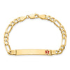 14K Medical Solid Chain/Solid Plate 37x6mm Off-Center Red Enamel Flat Figaro 8 inch Link ID Bracelet