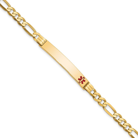 14K Medical Solid Chain/Solid Plate 37x6mm Off-Center Red Enamel Flat Figaro 8 inch Link ID Bracelet