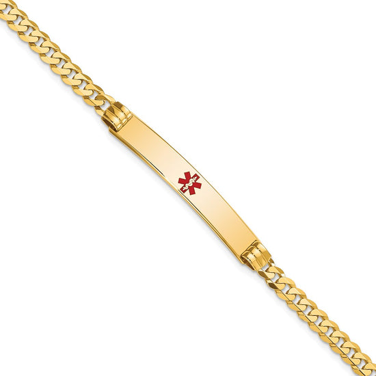 14K Medical Solid Chain/Solid Plate 37x6mm Centered Red Enamel Curb Link 8 inch ID Bracelet