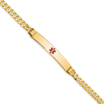 14K Medical Solid Chain/Solid Plate 37x6mm Centered Red Enamel Curb Link 8 inch ID Bracelet