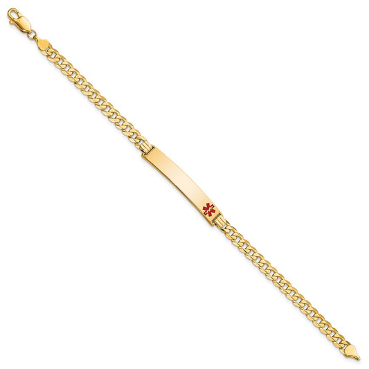 14K Medical Solid Chain/Solid Plate 37x6mm Off-Center Red Enamel Curb Link 7 inch ID Bracelet