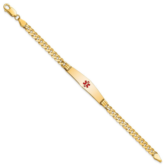 14K Medical Solid Chain/Solid Plate Soft Diamond Shape 36x9mm Centered Red Enamel Curb Link 8 inch ID Bracelet