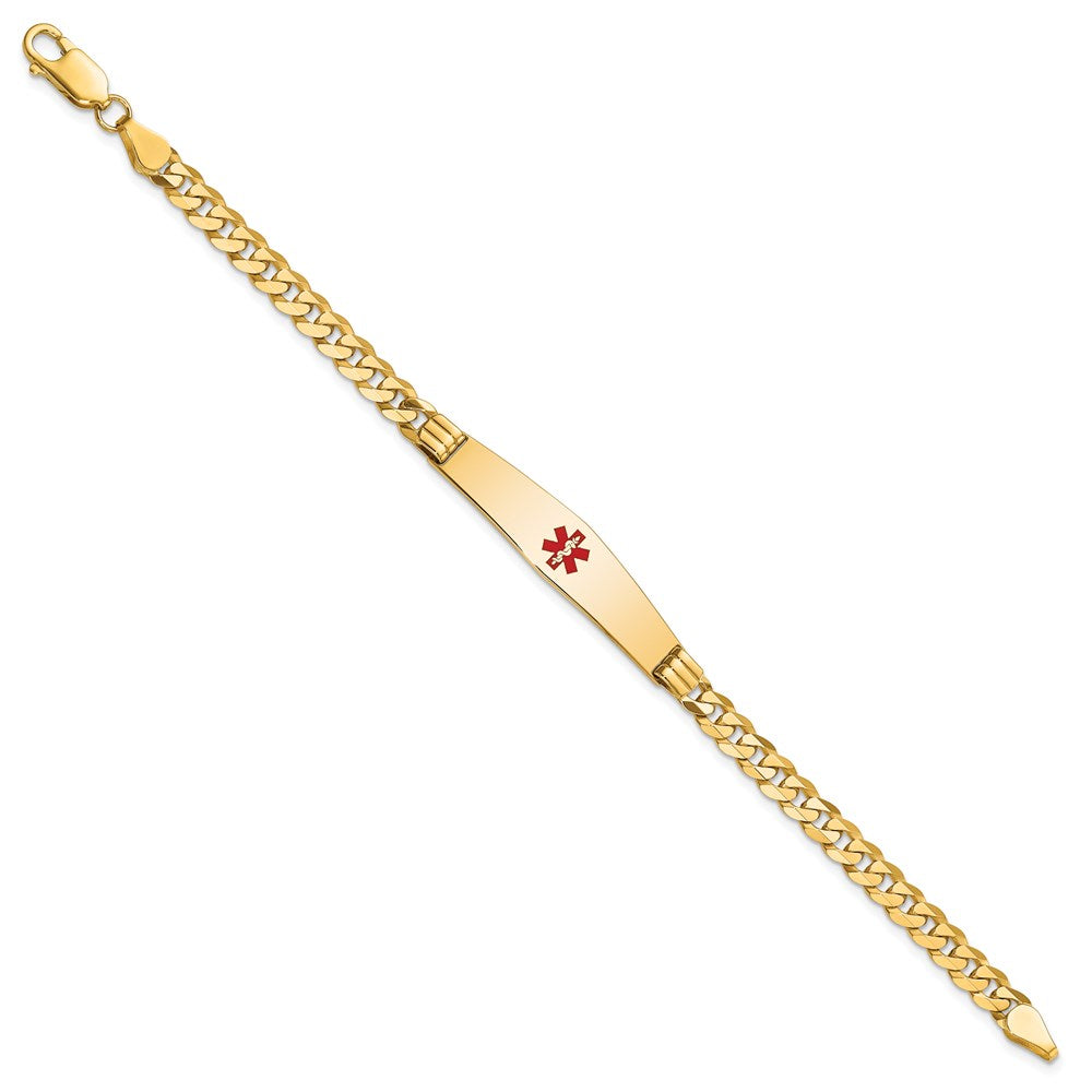14K Medical Solid Chain/Solid Plate Soft Diamond Shape 36x9mm Centered Red Enamel Curb Link 8 inch ID Bracelet