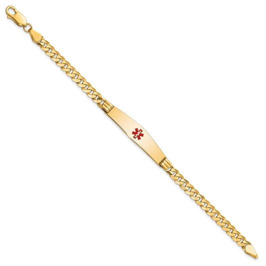 14K Medical Solid Chain/Solid Plate Soft Diamond Shape 36x9mm Centered Red Enamel Curb Link 8 inch ID Bracelet