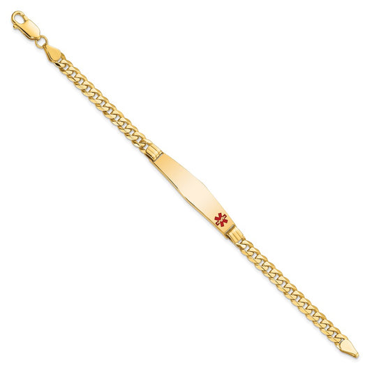 14K Medical Solid Chain/Solid Plate Soft Diamond Shape 36x9mm Off-Center Red Enamel Curb Link 7 inch ID Bracelet