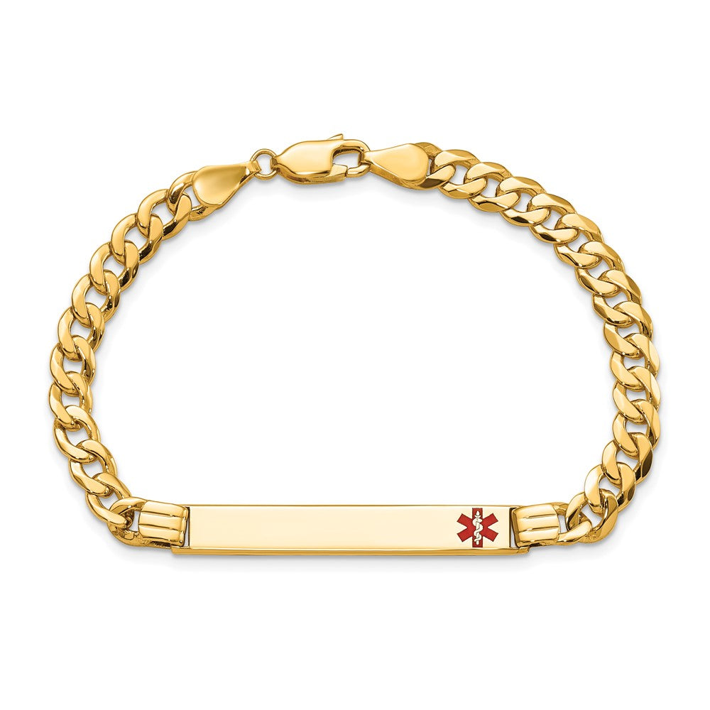 14K Medical Solid Chain/Solid Plate 37x6mm Off-Center Red Enamel Curb Link 8 inch ID Bracelet