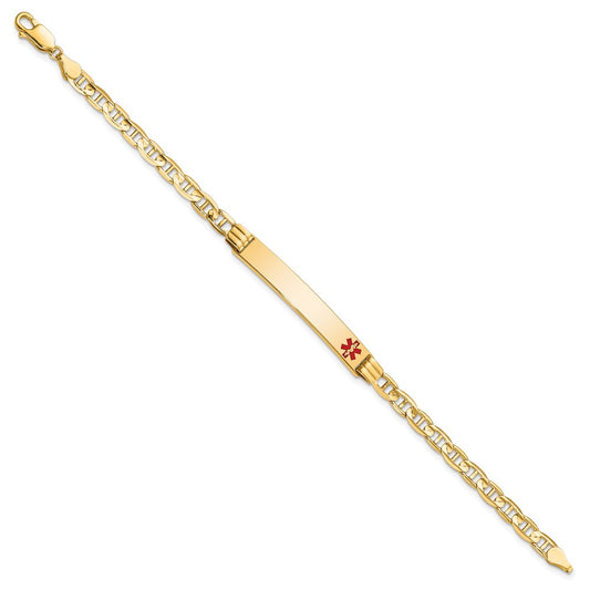 14K Medical Solid Chain/Solid Plate 37x6mm Off-Center Red Enamel Anchor Link 8 inch ID Bracelet