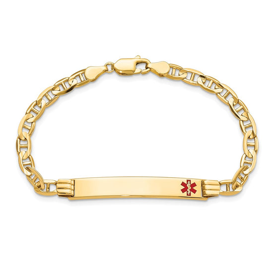 14K Medical Solid Chain/Solid Plate 37x6mm Off-Center Red Enamel Anchor Link 8 inch ID Bracelet