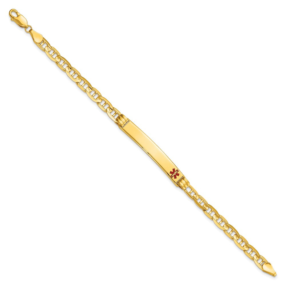 14K Medical Solid Chain/Solid Plate 37x6mm Off-Center Red Enamel Anchor Link 7 inch ID Bracelet