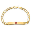 14K Medical Semi-Solid Chain/Solid Plate 37x6mm Centered Red Enamel Figaro Link 7 inch ID Bracelet