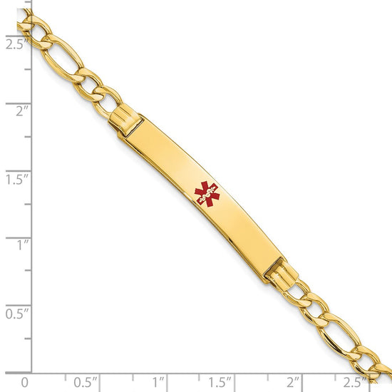 14K Medical Semi-Solid Chain/Solid Plate 37x6mm Centered Red Enamel Figaro Link 7 inch ID Bracelet