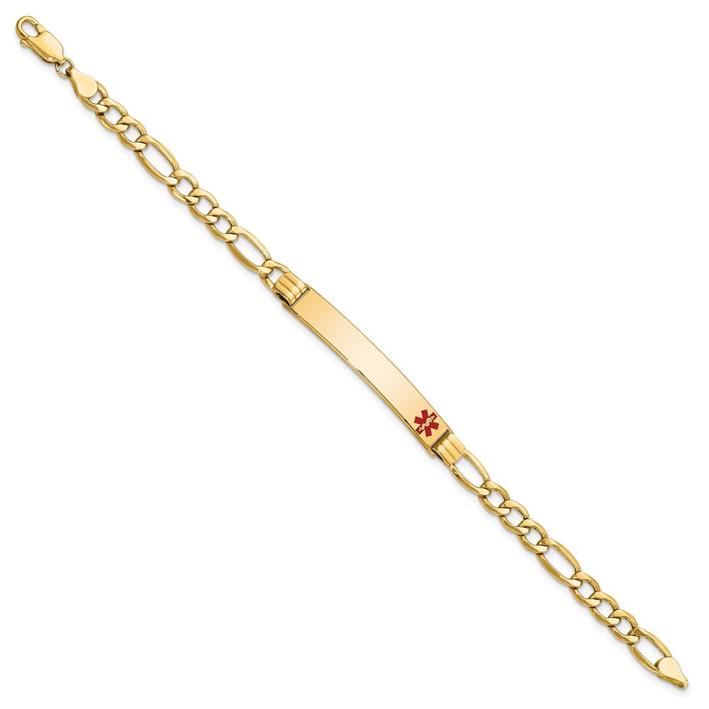 14K Medical Semi-Solid Chain/Solid Plate 37x6mm Off-Center Red Enamel Figaro Link 7 inch ID Bracelet
