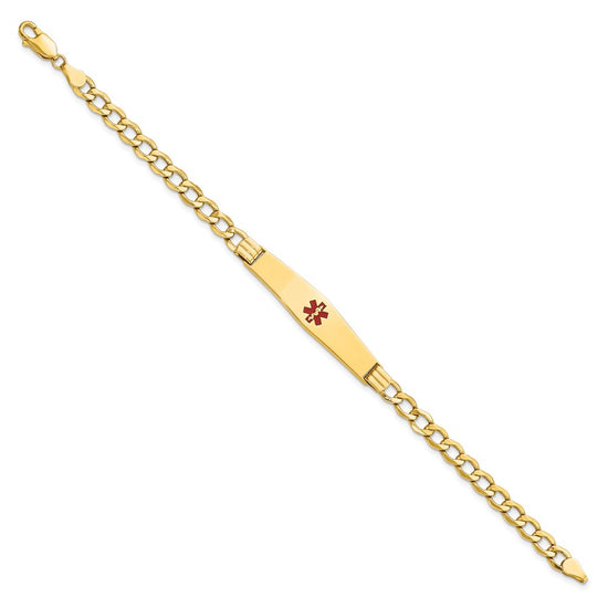 14K Medical Semi-Solid Chain/Solid Plate Soft Diamond Shape 37x9mm Centered Red Enamel Curb Link 8 inch ID Bracelet