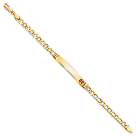 14K Medical Semi-Solid Chain/Solid Plate 37x6mm Off-Center Red Enamel Cuban Link 8 inch ID Bracelet