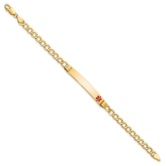 14K Medical Semi-Solid Chain/Solid Plate 37x6mm Off-Center Red Enamel Cuban Link 7 inch ID Bracelet