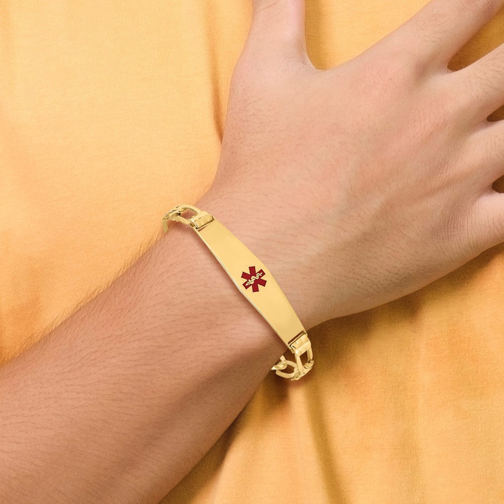 14K Medical Solid Chain/Solid Plate Soft Diamond Shape 36x9mm Centered Red Enamel Figaro Link 7 inch ID Bracelet
