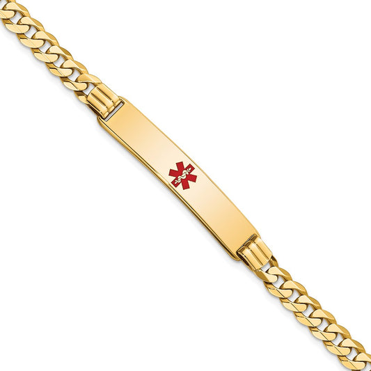 14K Medical Solid Chain/Solid Plate 38x8mm Centered Red Enamel Curb Link 8 inch ID Bracelet