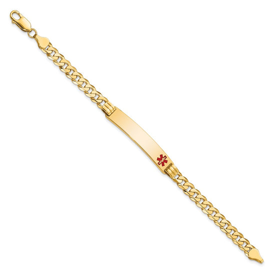 14K Medical Solid Chain/Solid Plate 38x8mm Off-Center Red Enamel Curb Link 8 inch ID Bracelet