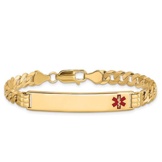 14K Medical Solid Chain/Solid Plate 38x8mm Off-Center Red Enamel Curb Link 8 inch ID Bracelet