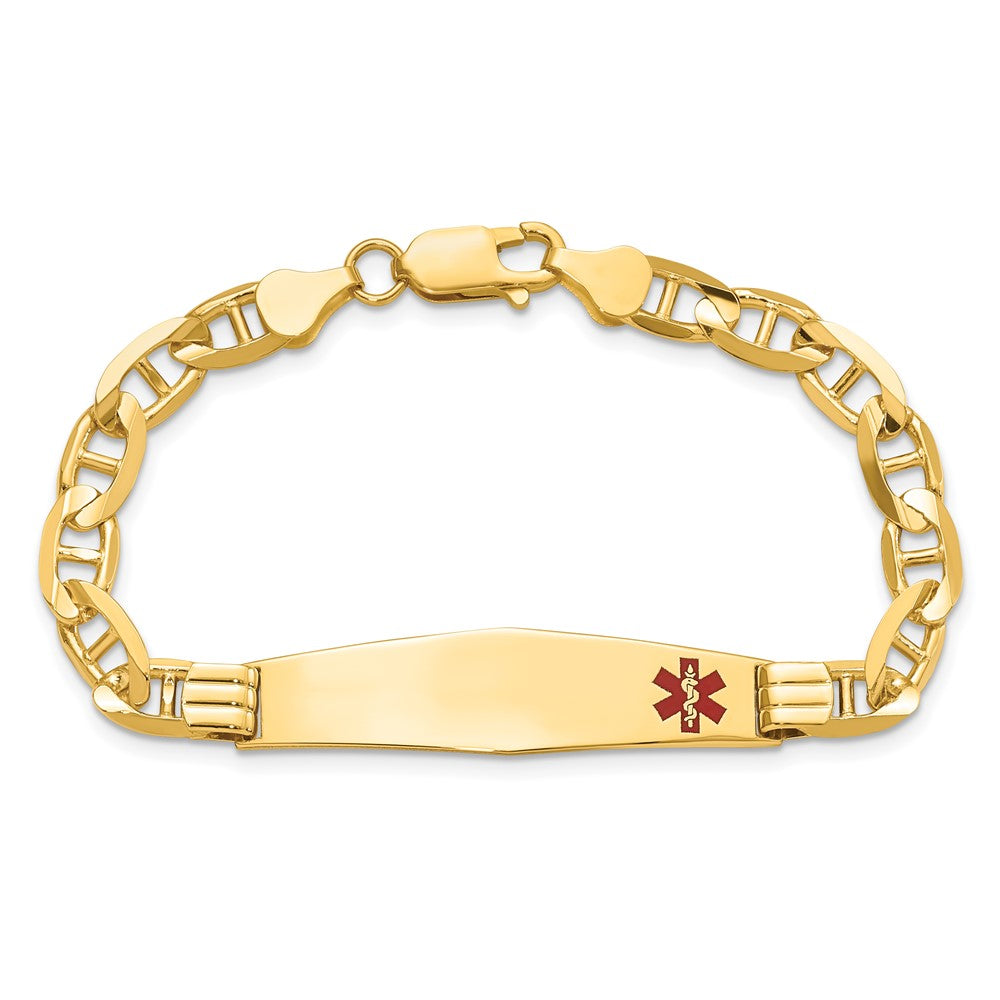 14K Medical Solid Chain/Solid Plate Soft Diamond Shape 38x9mm Off-Center Red Enamel Anchor Link 7 inch ID Bracelet