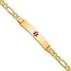 14K Medical Semi-Solid Chain/Solid Plate 38x9mm Centered Red Enamel Figaro Link 7 inch ID Bracelet