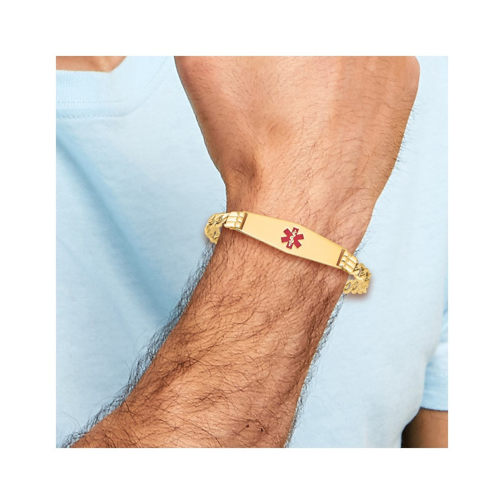 14K Medical Semi-Solid Chain/Solid Plate Soft Diamond Shape 40x12mm Centered Red Enamel Figaro Link 8 inch ID Bracelet