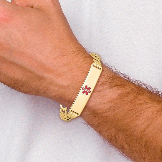 14K Medical Semi-Solid Chain/Solid Plate 40x10mm Centered Red Enamel Curb Link 8 inch ID Bracelet