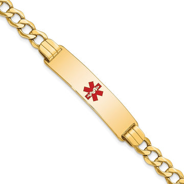 14K Medical Semi-Solid Chain/Solid Plate 40x10mm Centered Red Enamel Curb Link 8 inch ID Bracelet