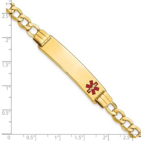 14K Medical Semi-solid Chain/Solid Plate 40x10mm Off-Center Red Enamel Curb Link 8 inch ID Bracelet