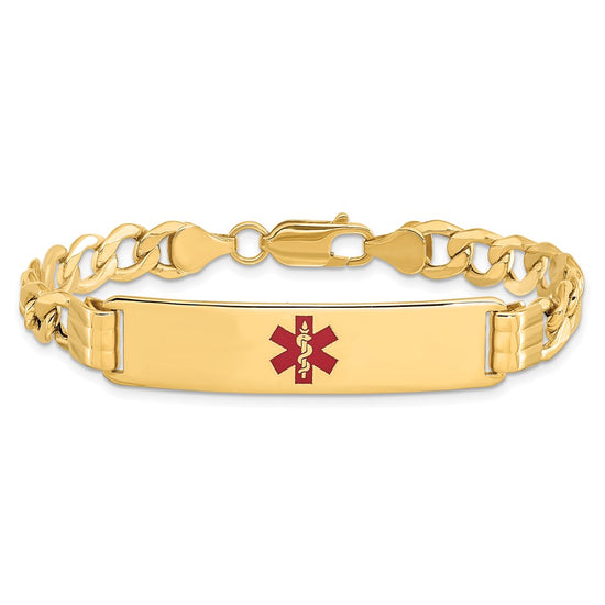 14K Medical Semi-Solid Chain/Solid Plate 40x10mm Centered Red Enamel Curb Link 8 inch ID Bracelet