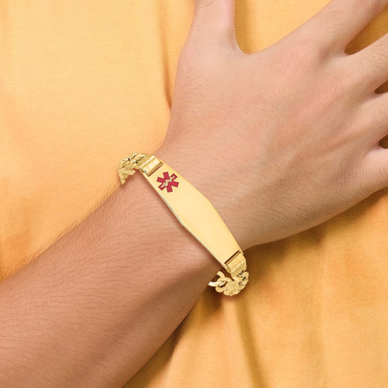 14K Medical Semi-Solid Chain/Solid Plate Soft Diamond Shape 40x12mm Off-Center Red Enamel Curb Link 7 inch ID Bracelet