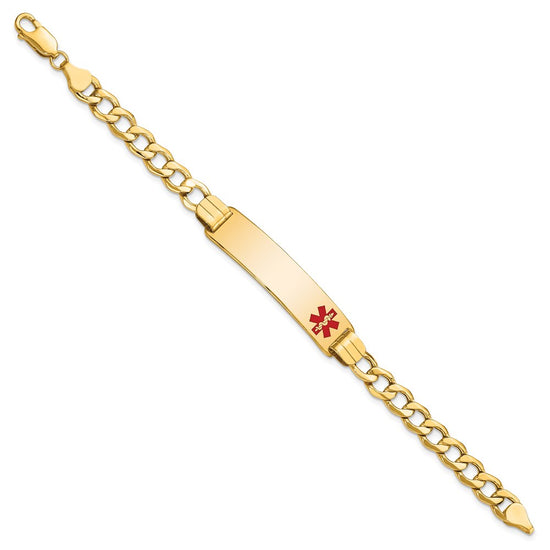 14K Medical Semi-solid Chain/Solid Plate 40x10mm Off-Center Red Enamel Curb Link 8 inch ID Bracelet