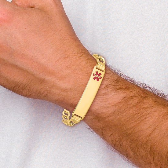 14K Medical Semi-solid Chain/Solid Plate 40x10mm Off-Center Red Enamel Curb Link 8 inch ID Bracelet