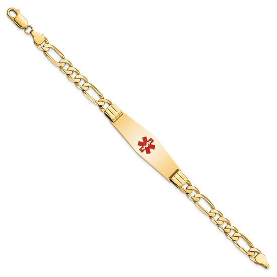 14K Medical Solid Chain/Solid Plate Soft Diamond Shape 40x12mm Centered Red Enamel Flat Figaro Link 8 inch ID Bracelet