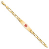 14K Medical Solid Chain/Solid Plate Soft Diamond Shape 40x12mm Centered Red Enamel Flat Figaro Link 8 inch ID Bracelet