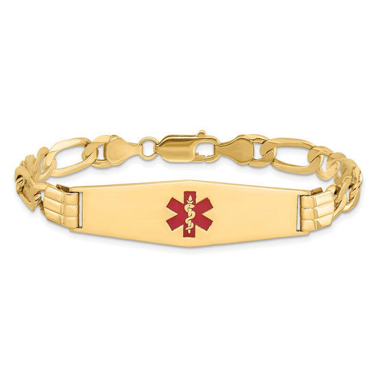 14K Medical Solid Chain/Solid Plate Soft Diamond Shape 40x12mm Centered Red Enamel Flat Figaro Link 8 inch ID Bracelet