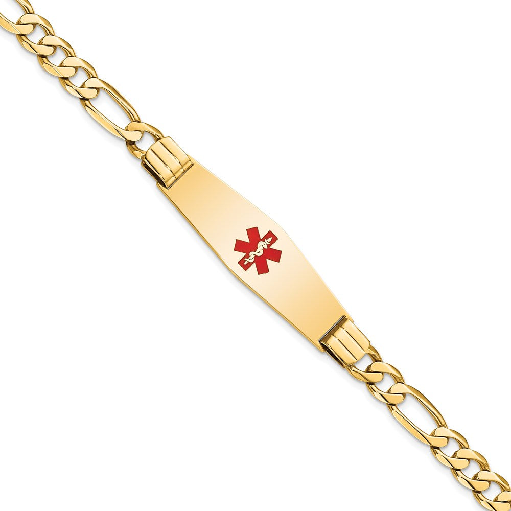 14K Medical Solid Chain/Solid Plate Soft Diamond Shape 40x12mm Centered Red Enamel Flat Figaro Link 8 inch ID Bracelet