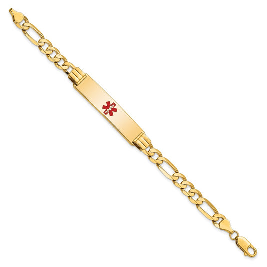 14K Medical Solid Chain/Solid Plate 40x10mm Centered Red Enamel Flat Figaro Link 7 inch ID Bracelet