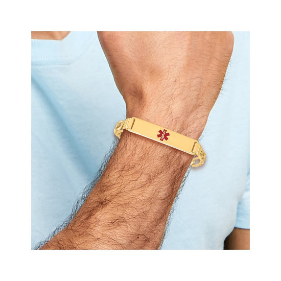 14K Medical Solid Chain/Solid Plate 40x10mm Centered Red Enamel Flat Figaro Link 7 inch ID Bracelet