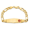 14K Medical Solid Chain/Solid Plate Soft Diamond Shape 39x12mm Off-Center Red Enamel Flat Figaro Link 8 inch ID Bracelet