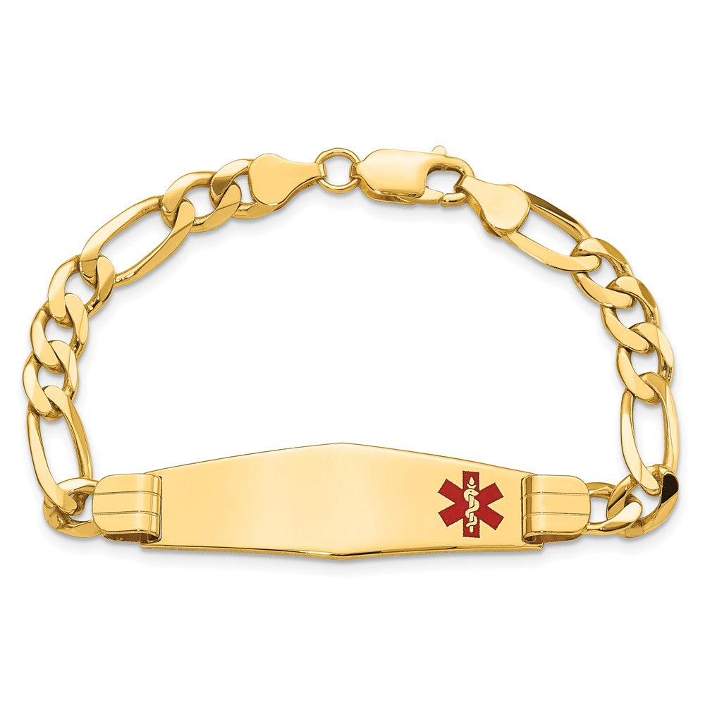 14K Medical Solid Chain/Solid Plate Soft Diamond Shape 39x12mm Off-Center Red Enamel Flat Figaro Link 8 inch ID Bracelet