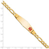 14K Medical Solid Chain/Solid Plate Soft Diamond Shape 39x12mm Off-Center Red Enamel Flat Figaro Link 8 inch ID Bracelet