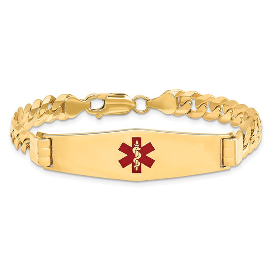 14K Medical Solid Chain/Solid Plate Soft Diamond Shape 40x12mm Centered Red Enamel Curb Link 7 inch ID Bracelet