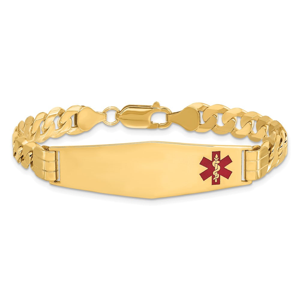 14K Medical Solid Chain/Solid Plate Soft Diamond Shape 39x12mm Off-Center Red Enamel Curb Link 8 inch ID Bracelet